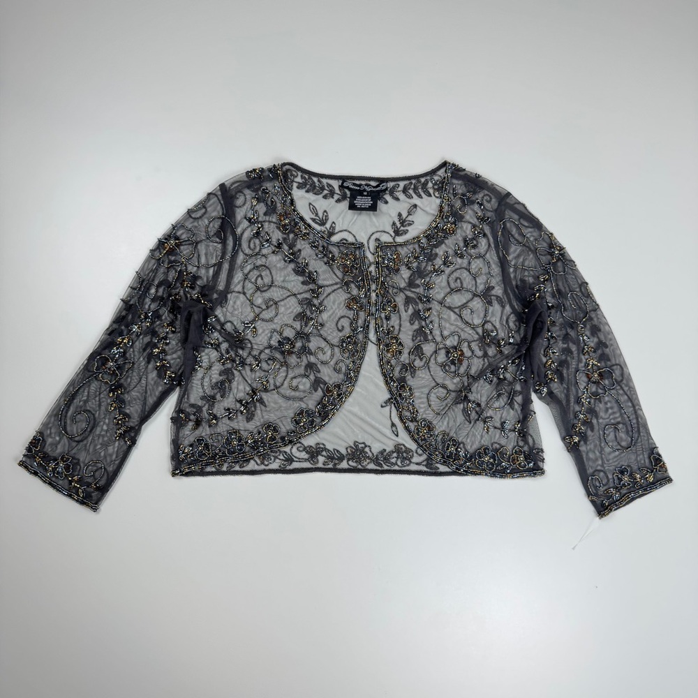 Pisarro Nights Gray Sheer Floral Beaded Mesh Bolero Size US 12 Fairy Goth Grunge